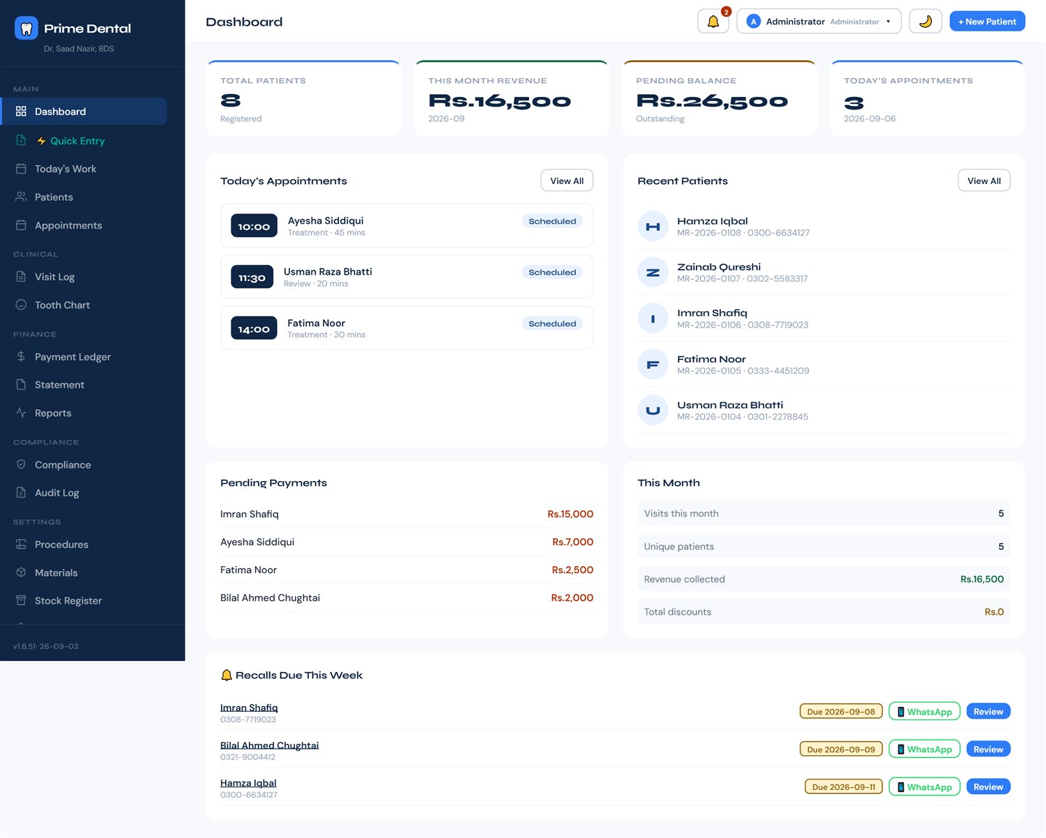 Dashboard with appointments, pending payments, and recalls