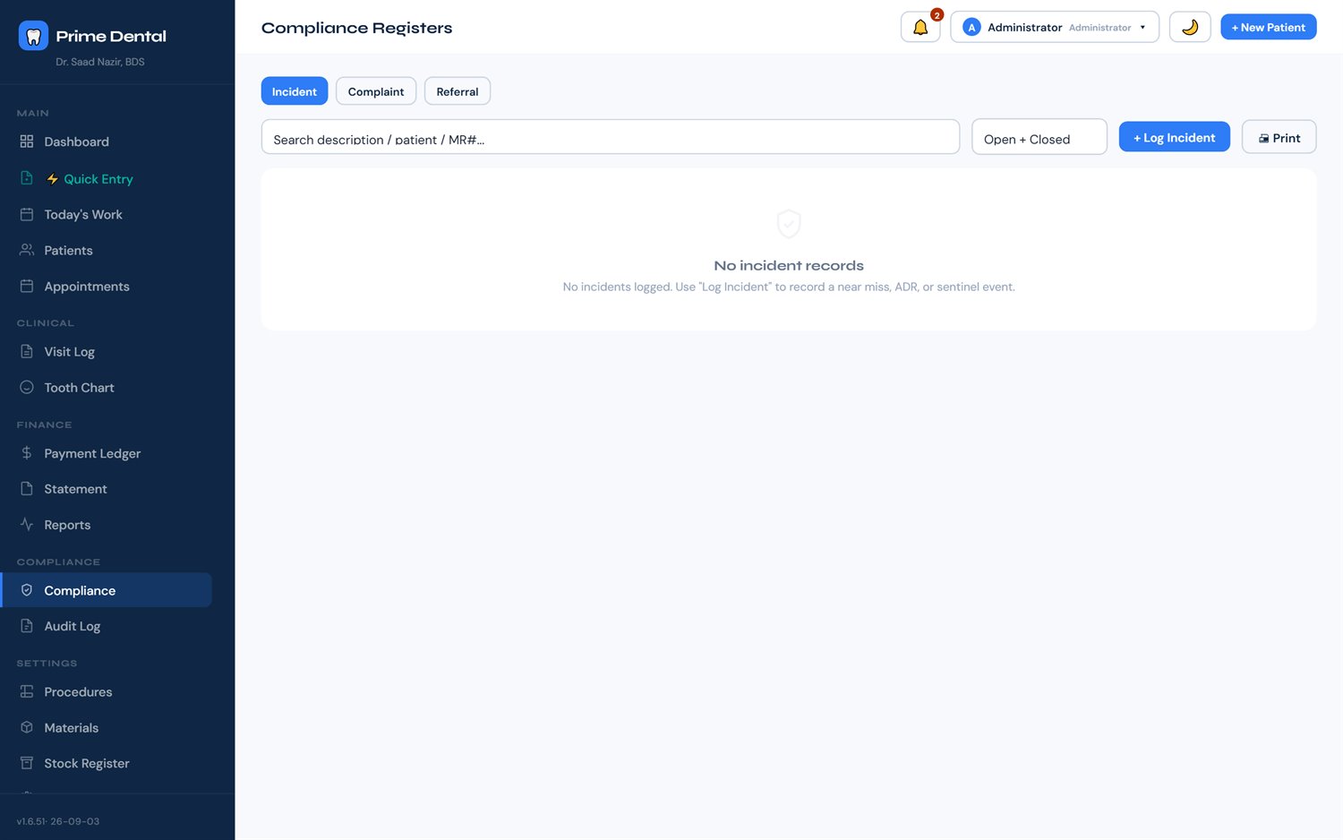 Compliance registers page